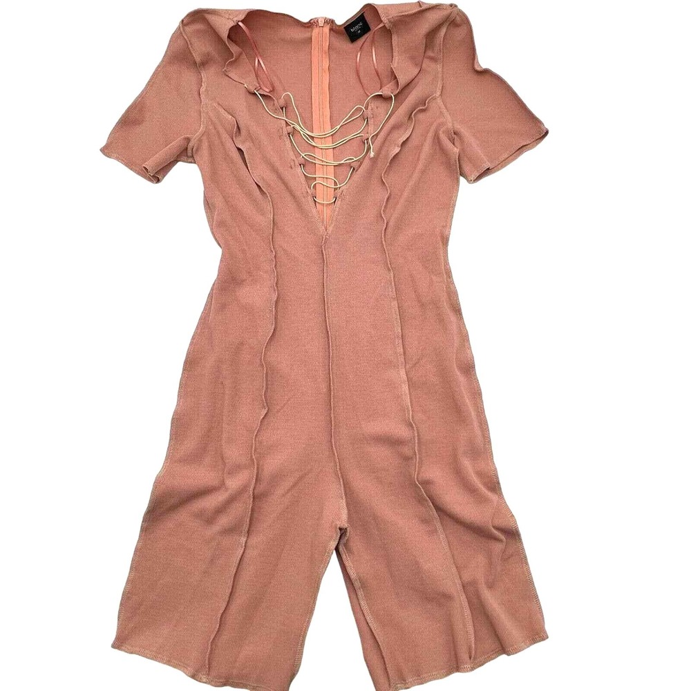 BLANC Women's Medium blush rose pink lace up fitted romper jumpsuit Sexy Tight